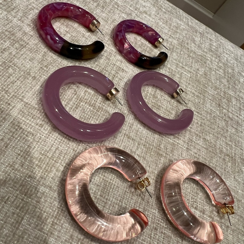 Set of 3 Italian Resin Hoop Earrings - purple, pink and tortoise shell
